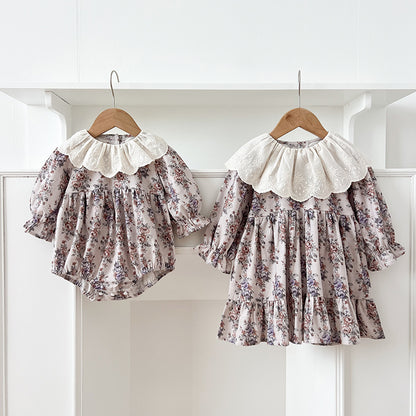 Spring Baby Girls French-style Floral Printed Long-sleeved Onesies and Dress – Princess Sister Matching Set, MyKids-USA®, Baby & Toddler Outfits, MyKids-USA -  -  -  -  -  -  - 