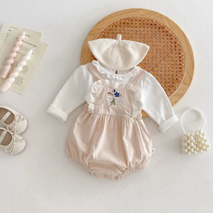 Autumn Arrival Baby Kids Girls Sleeveless Flowers Embroidery Strap Onesies Overalls and White Shirt Clothing Set, MyKids-USA®, Baby & Toddler Outfits, MyKids-USA - Size/Age - 66 (3-6M) - Color - Apricot -  -  - TR2507152032-A