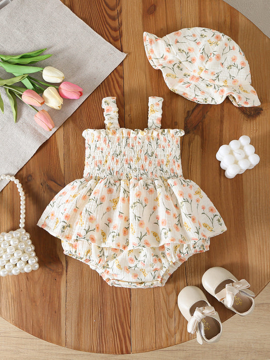 Design Summer Baby Kids Girls Sleeveless Flowers Pattern Bodysuit with Hat