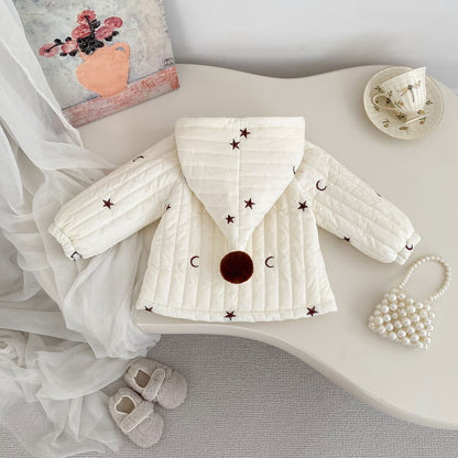 Winter Arrival Baby Kids Unisex Moons and Stars Pattern Long Sleeves Fleece-lined Hooded Coat, MyKids-USA®, Puffer Jackets, MyKids-USA -  -  -  -  -  -  - 