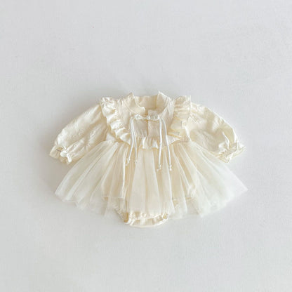 Autumn Arrival Baby Girls Long Sleeves Solid Color Flowers Pattern Tulle Decorated Onesies, MyKids-USA®, Bodysuits, MyKids-USA - Size/Age - 66 (3-6M) - Color - Apricot -  -  - TR2510302330-A