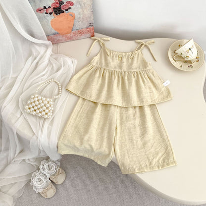 Summer Baby Kids Solid Color Sleeveless Top Vest with Pants Clothing Set for Girls, MyKids-USA®, Baby & Toddler Outfits, MyKids-USA - Size/Age - 73 (6-9M) - Color - Yellow -  -  - TR2505152242-E