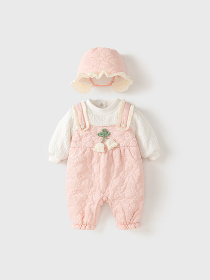 Winter Baby Thick Home Clothes Pink-White Patchwork Romper With Hat