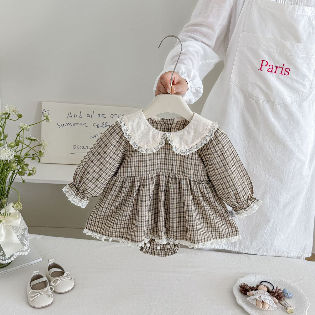 MyKids-USA® Autumn Arrival Baby Girls Long Sleeves Lace Trim Plaid Bodysuit Dress