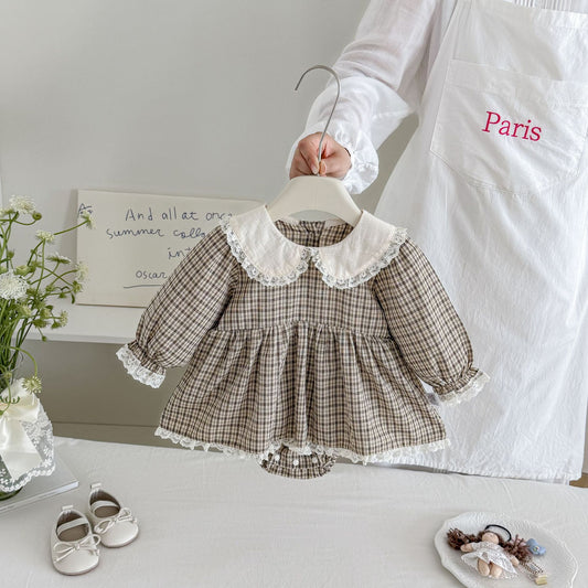 MyKids-USA® Baby Girls Long Sleeves Lace Trim Plaid Bodysuit Dress