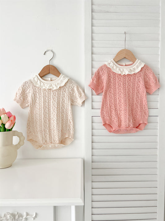Arrival Summer Baby Kids Girls Knitted Ruffled Collar Hollow Out Short Sleeves Onesies, MyKids-USA®, Baby One-Pieces, MyKids-USA -  -  -  -  -  -  - 