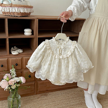 MyKids-USA® Autumn Arrival Baby Girls Long Sleeves Lace Trim Embroidered Pattern Bodysuit Dress