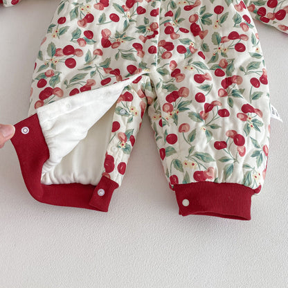 Winter Arrival Baby Girls Long Sleeves Cherry Pattern Fleece-Lined Rompers
