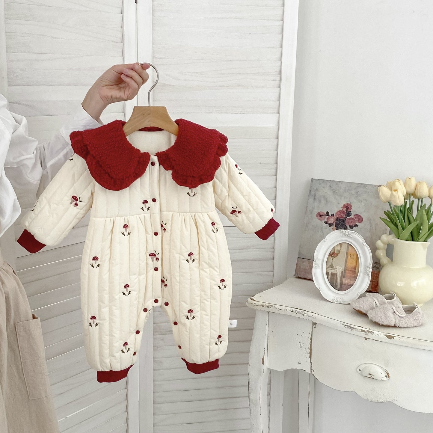 Winter Arrival Baby Girls Long Sleeves Mushrooms Pattern Embroidered Fleece-Lined Warm Rompers, MyKids-USA®, Baby One-Pieces, MyKids-USA -  -  -  -  -  -  - 