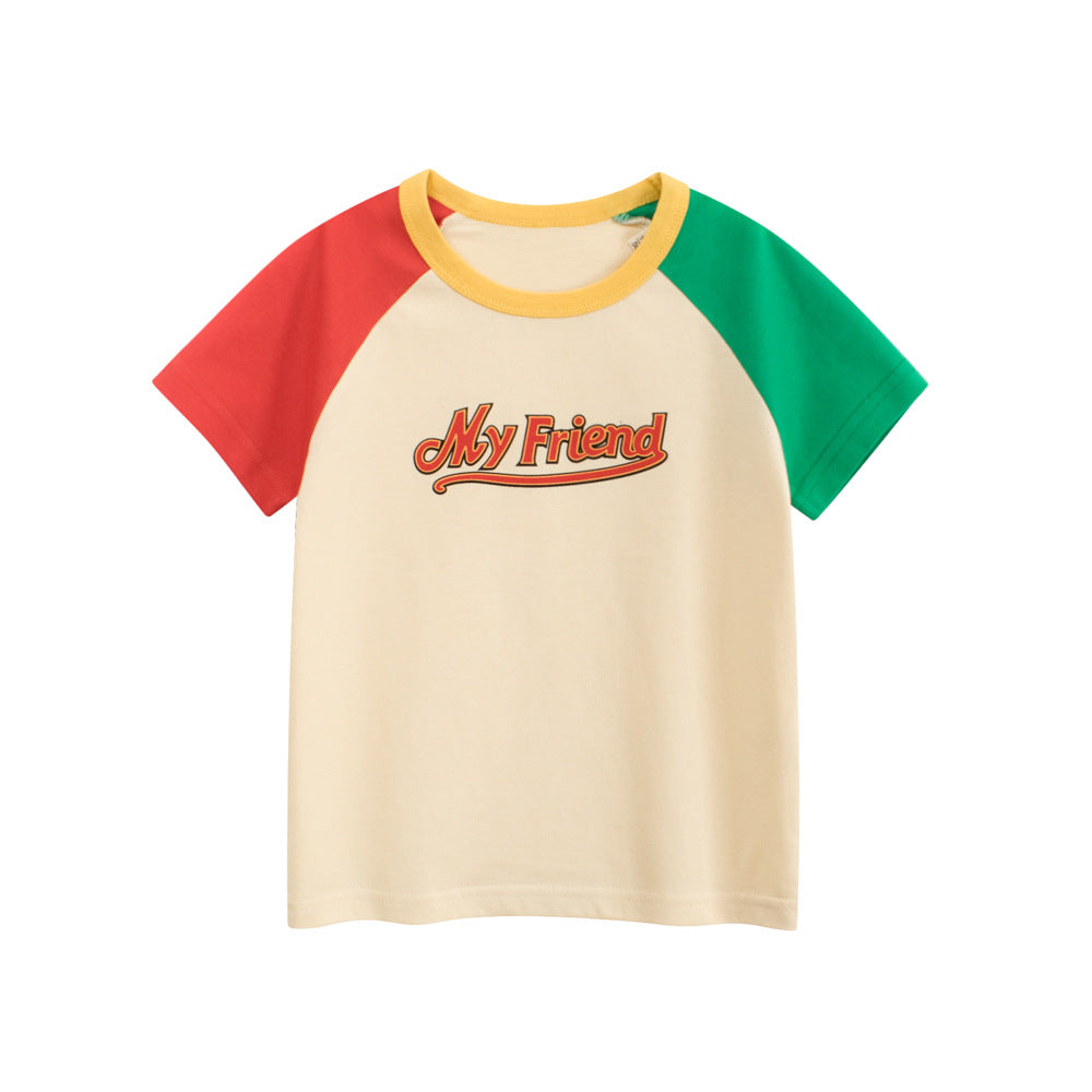 Summer Boys’ Letters Pattern Color Patchwork T-shirt in European and American Style, MyKids-USA®, Baby & Toddler Tops, MyKids-USA - Size/Age - 90 (12-24M) - Color - Apricot -  -  - TR2505231712-A