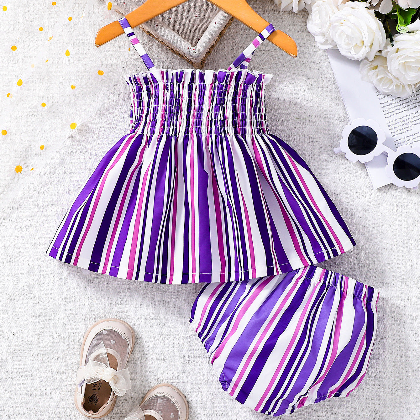 Design Summer Baby Kids Girls Sleeveless Striped Pattern Dress with Bloomers Set
