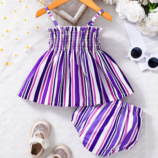 Design Summer Baby Kids Girls Sleeveless Striped Pattern Dress with Bloomers Set