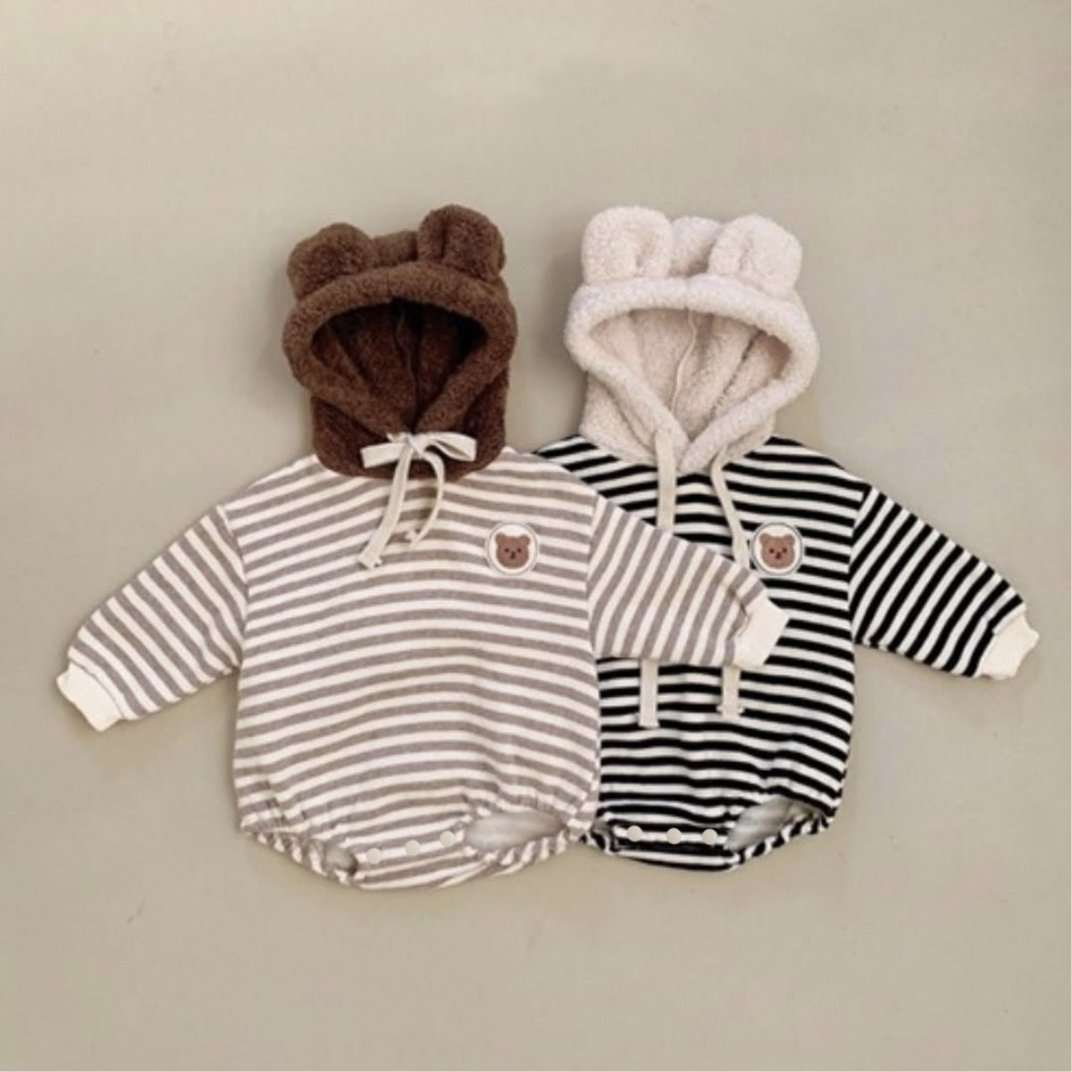 Arrival Winter and Spring Baby Unisex Striped and Teddy Bear Pattern Onesies with Fluffy Hood, MyKids-USA®, Baby One-Pieces, MyKids-USA -  -  -  -  -  -  - .
