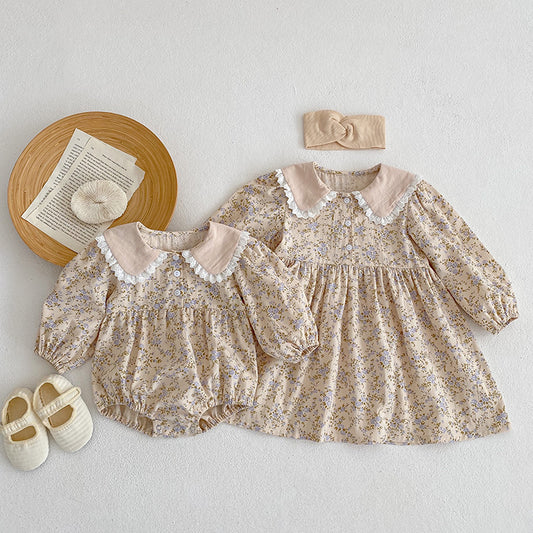 Floral Adorable Baby Turndown Lace Trim Collar Onesies And Girls’ Dress – Princess Sister Matching Set