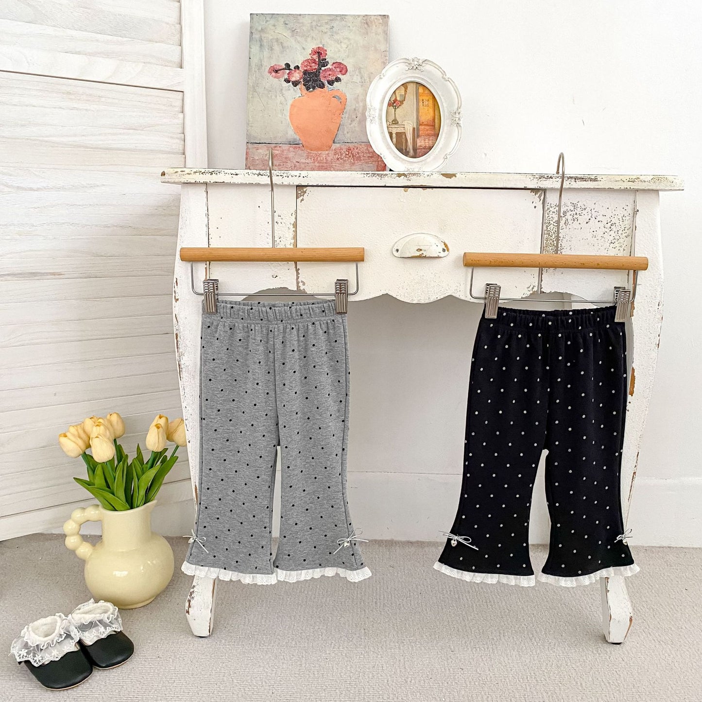 MyKids-USA® Arrival Autumn Dots Pattern Lace Trim Flared Pants for Girls