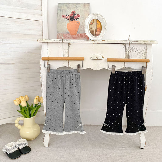MyKids-USA® Arrival Autumn Dots Pattern Lace Trim Flared Pants for Girls