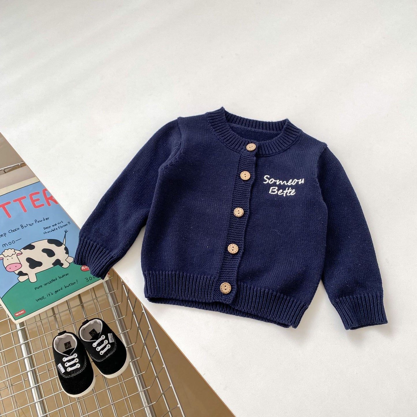 Autumn Baby Kids Boys Letters Embroidery Pattern Knitted Crew Neck Cardigan (Solo), Denim Pants and Striped Shirts, MyKids-USA®, Baby & Toddler Outfits, MyKids-USA - Size/Age - 73 (6-9M) - Color - Navy Blue (Dark Blue) -  -  - TR2408222053-D