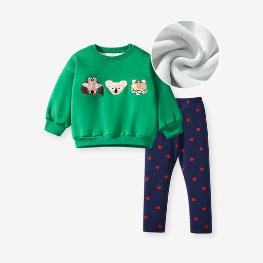 Spring And Autumn Girls Cartoon Animals Pattern Green Long Sleeves Top Sweatshirt And Heart Pattern Pants Clothing Set, MyKids-USA®, Baby & Toddler Outfits, MyKids-USA - Size/Age - 90 (12-24M) - Color - Green -  -  - TR2407041621-A