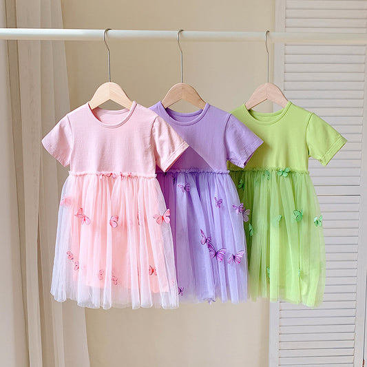 Summer Baby Kids Girls Princess Crew Neck Short Sleeves 3D Butterfly Mesh Patchwork Dress