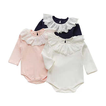 Baby Girl Mesh Ruffle Neck Design Solid Color Long Sleeved Onesies