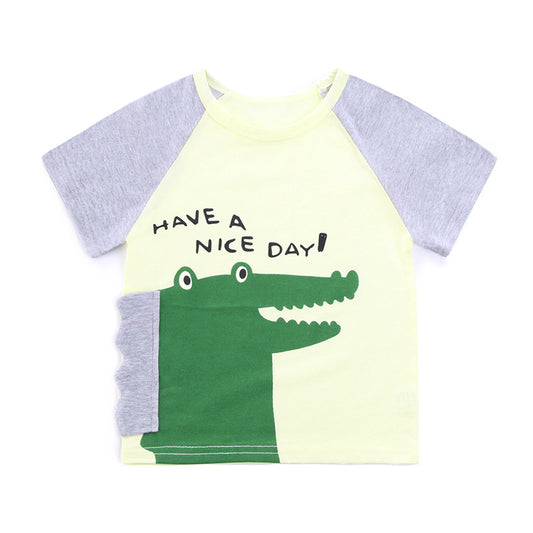 Boys’ Crocodile Cartoon Print Color Patchwork T-Shirt In European And American Style