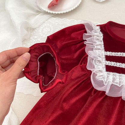 MyKids-USA® Autumn Lace Trim Baby Kids Girls Princess Long Sleeves Dress