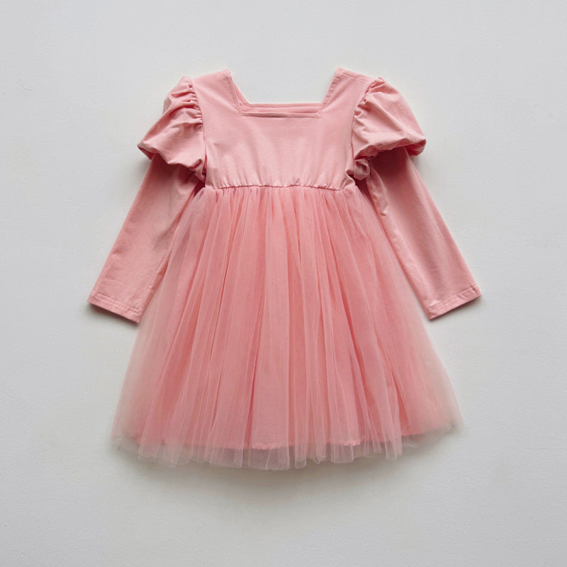 Autumn Baby Kids Girls Long Sleeves Solid Color Tulle Patchwork Dress, MyKids-USA®, Baby & Children's Dresses, MyKids-USA - Size/Age - 90 (12-24M) - Color - Pink -  -  - TR2605222205-A.