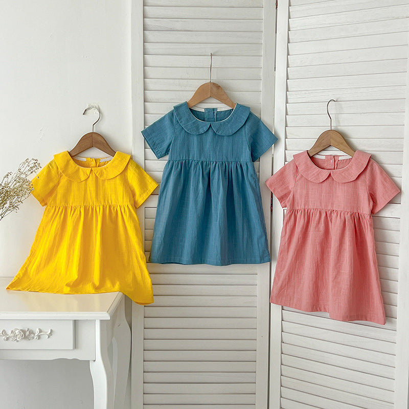 Summer Hot Selling Girls’ Solid Color Short Sleeves Peter Pan Collar Cotton Comfy Dress