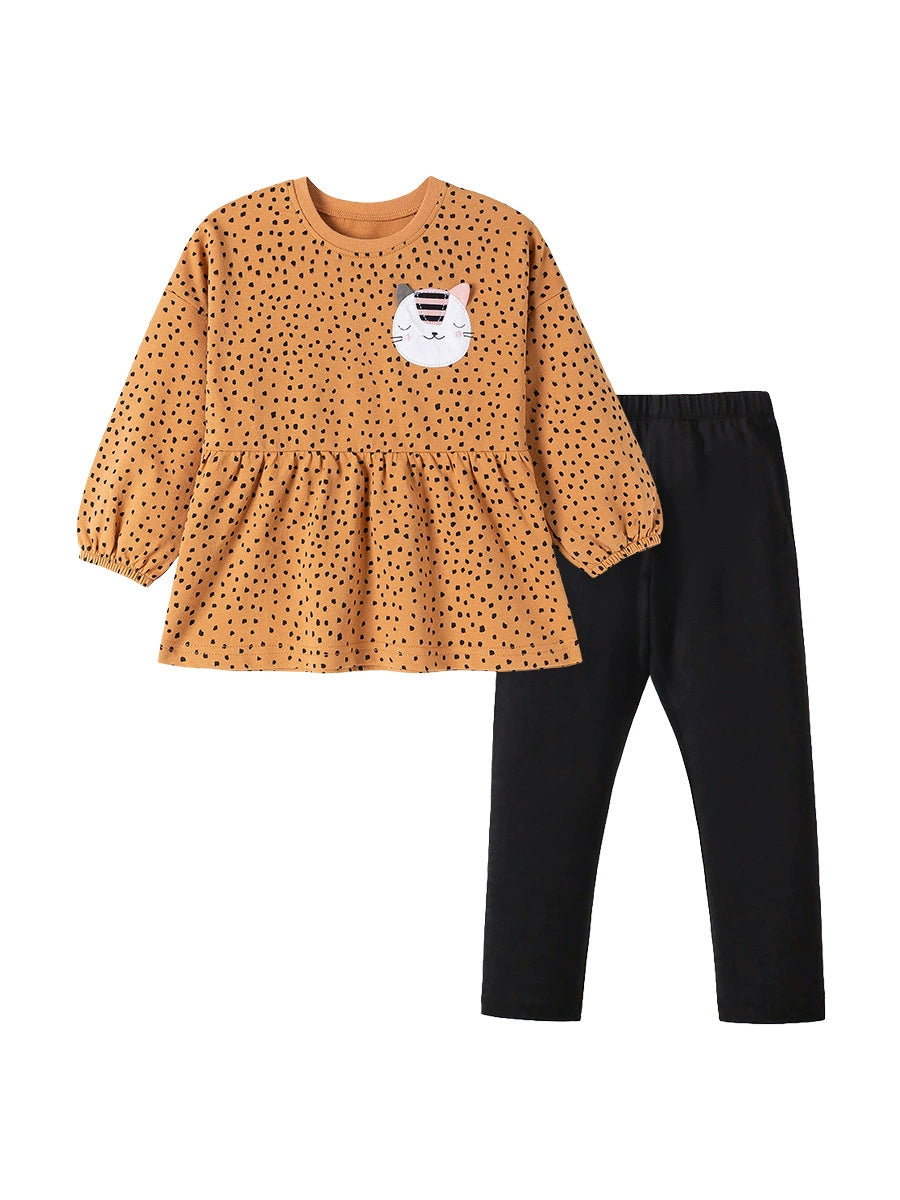 Spring and Autumn Girls Cat Cartoon and Dots Pattern Long Sleeves Sweatshirt and Black Pants Clothing Set, MyKids-USA®, Baby & Toddler Outfits, MyKids-USA -  -  -  -  -  -  - 