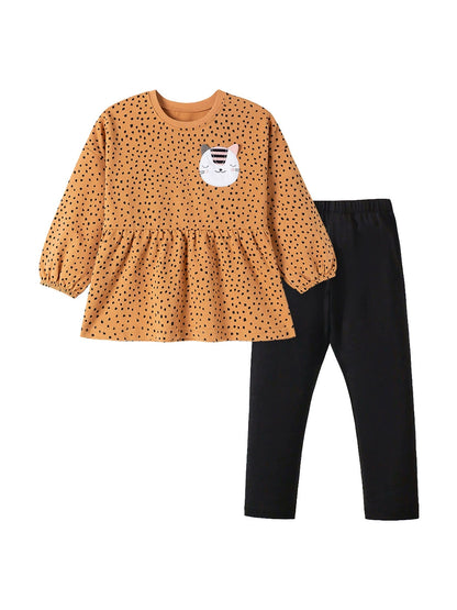 Spring and Autumn Girls Cat Cartoon and Dots Pattern Long Sleeves Sweatshirt and Black Pants Clothing Set, MyKids-USA®, Baby & Toddler Outfits, MyKids-USA -  -  -  -  -  -  - 