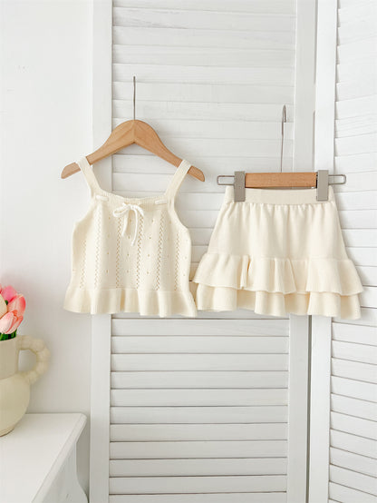 Summer Baby Kids Solid Color and Striped Hollow-out Pattern Sleeveless Top Vest with Skirt Clothing Set for Girls, MyKids-USA®, Baby & Toddler Outfits, MyKids-USA - Size/Age - 80 (9-12M) - Color - Beige -  -  - TR2504260039-A