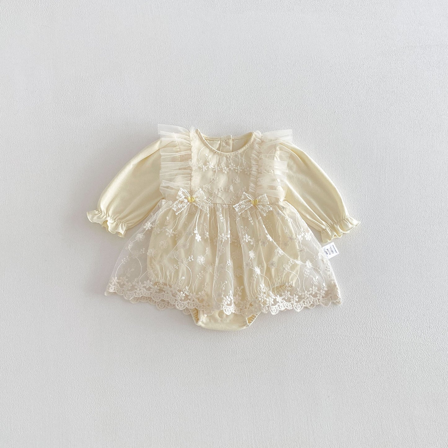 Spring Arrival Baby Girls Long Sleeves Flowers Pattern Tulle Decorated Bodysuit Dress, MyKids-USA®, Baby & Toddler Dresses, MyKids-USA - Size/Age - 66 (3-6M) - Color - Beige -  -  - TR2602021517-A.