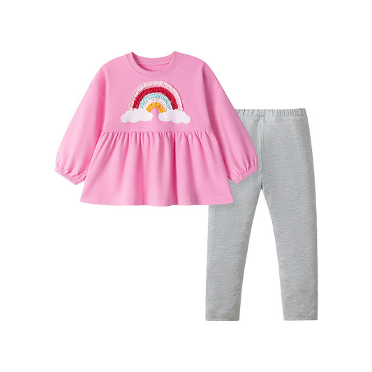 Spring and Autumn Girls Cute Rainbow Pattern Long Sleeves Sweatshirt and Grey Pants Clothing Set, MyKids-USA®, Baby & Toddler Outfits, MyKids-USA - Size/Age - 90 (12-24M) - Color - Pink -  -  - TR2507272125-A