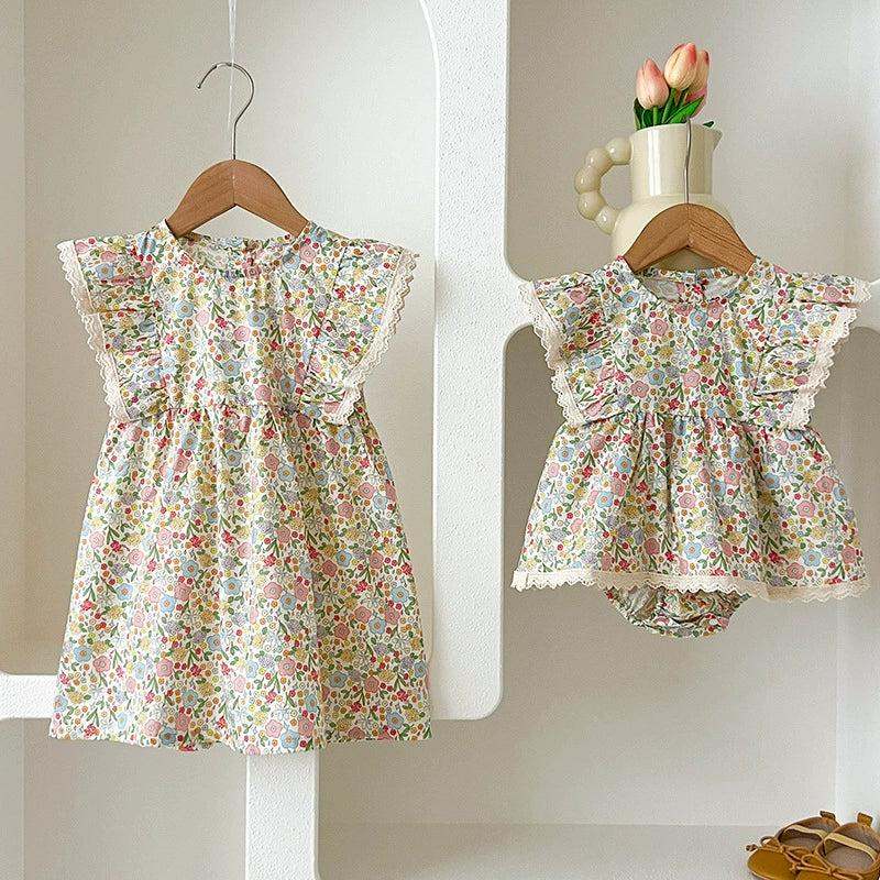 Summer Girls Flowers Pattern Lace Trim Fly Sleeves Onesies and Dress – Princess Sister Matching Set, MyKids-USA®, Baby & Children's Outfits, MyKids-USA -  -  -  -  -  -  - .