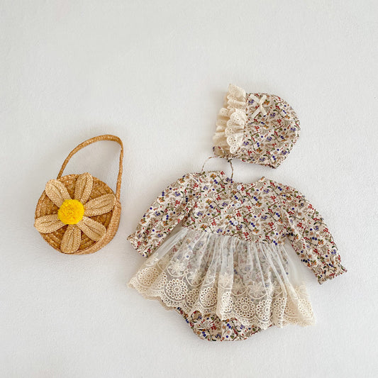 Autumn Arrival Baby Girls Floral Long Sleeves Lace Patchwork Crew Neck Onesies, MyKids-USA®, Bodysuits, MyKids-USA - Size/Age - 66 (3-6M) - Color - Brown -  -  - TR2510282336-A