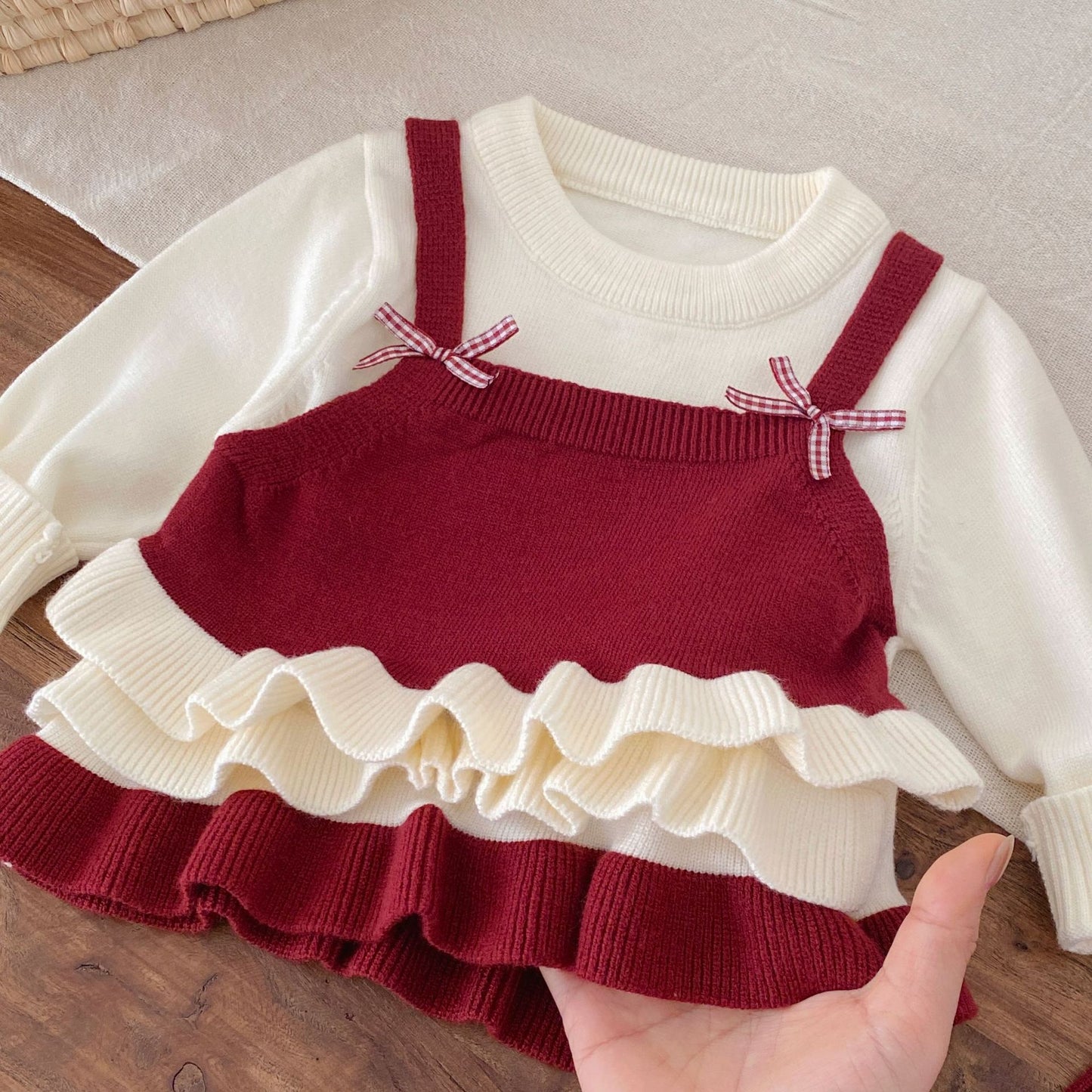 Winter and Spring Baby Kids Girls Long Sleeves Color Patchwork Pullover and Cartoon Pattern Pants Knitted Clothing Set