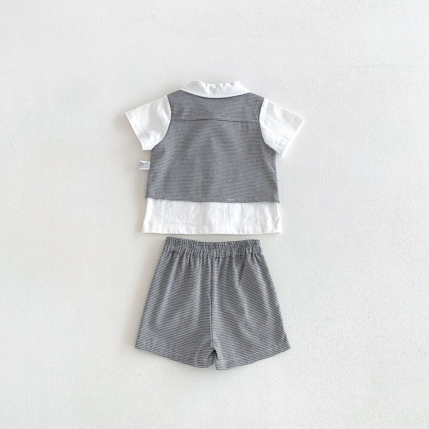 Arrival Summer Baby Kids Boys Short Sleeves Plain Shirt, Plaid Vest and Shorts Clothing Set