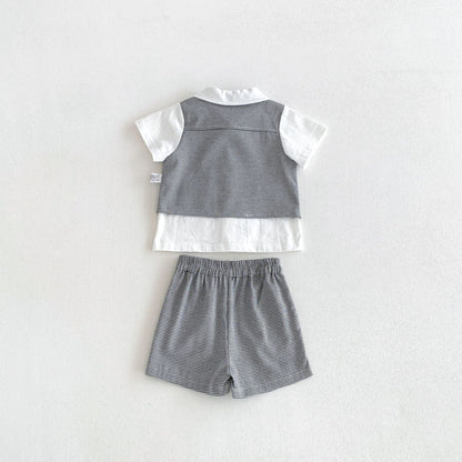 Arrival Summer Baby Kids Boys Short Sleeves Plain Shirt, Plaid Vest and Shorts Clothing Set