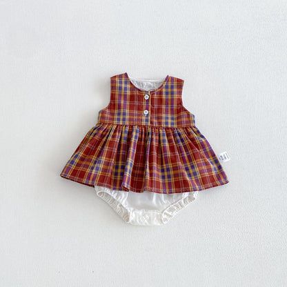 Design Summer Baby Kids Girls Sleeveless Plaid Pattern Bodysuit