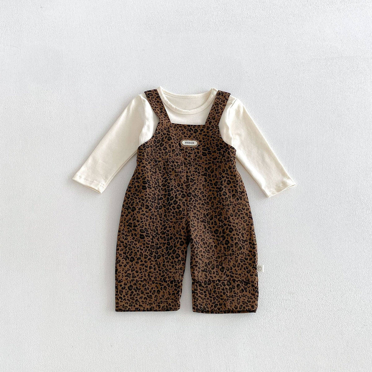 MyKids-USA® Hot Selling Autumn Baby Kids Long Sleeves Solid Color Top and Sleeveless Leopard Overalls Set
