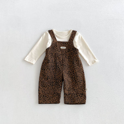 MyKids-USA® Hot Selling Autumn Baby Kids Long Sleeves Solid Color Top and Sleeveless Leopard Overalls Set