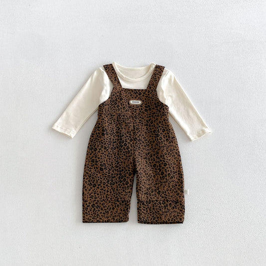 MyKids-USA® Baby Kids Long Sleeves Solid Color Top and Sleeveless Leopard Overalls Set