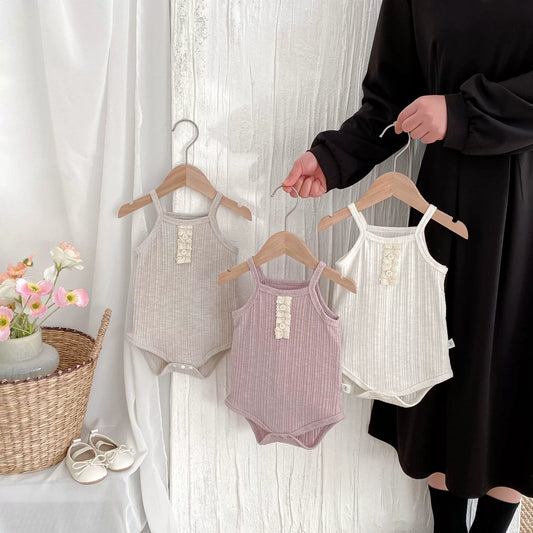 Summer Arrival Baby Girls Sleeveless Color Patchwork Lace Decorated Onesies, MyKids-USA®, Baby One-Pieces, MyKids-USA -  -  -  -  -  -  - 