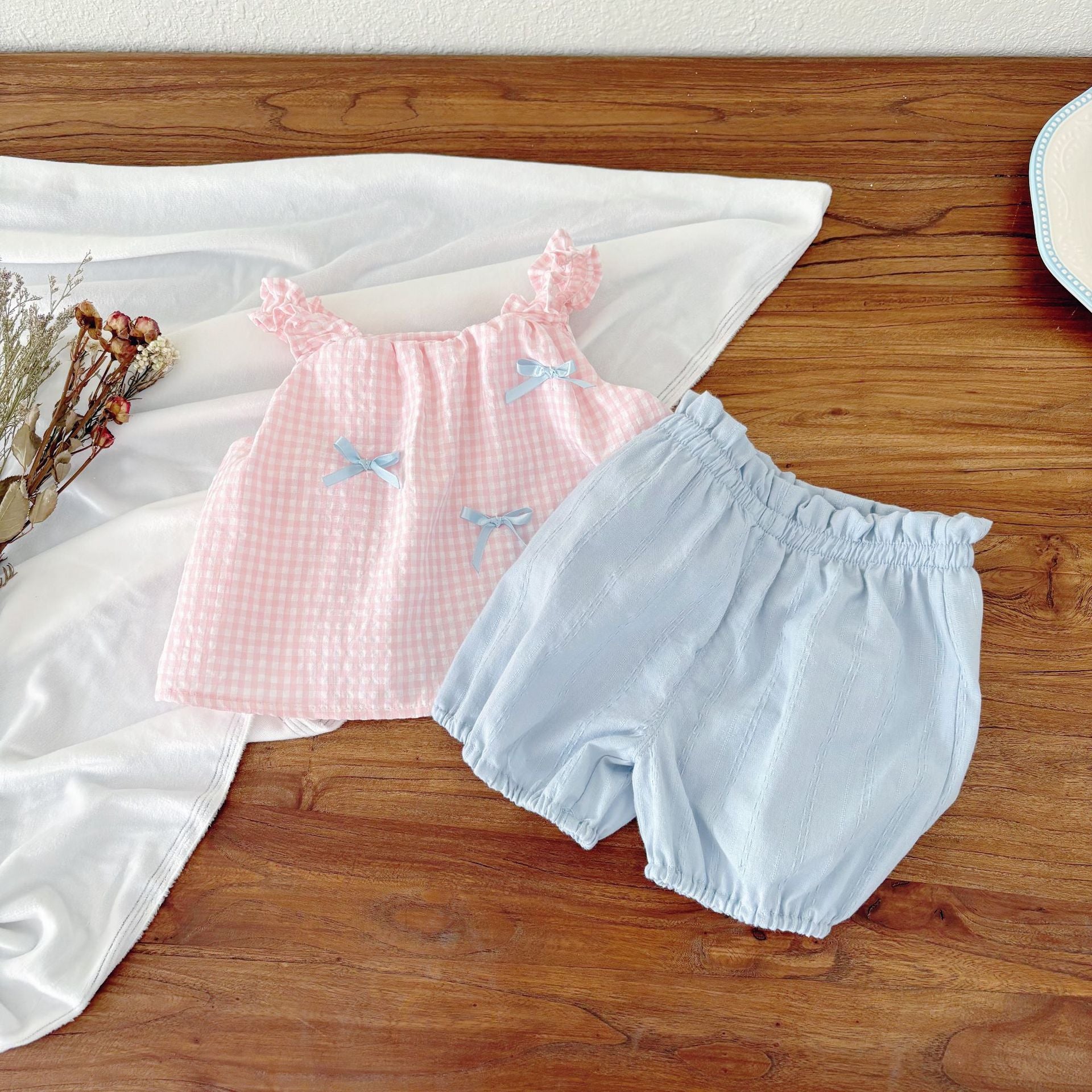 Summer Baby Kids Plaid Pattern Sleeveless Top Vest with Shorts Clothing Set for Girls, MyKids-USA®, Baby & Toddler Outfits, MyKids-USA - Size/Age - 73 (6-9M) - Color - Pink -  -  - TR2504262004-A