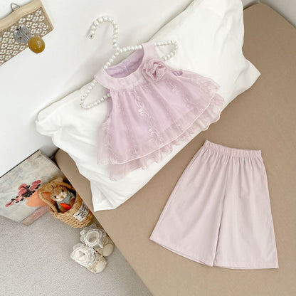Arrival Summer Baby Kids Girls Sleeveless Flowers Embroidered Pattern Top and Plain Pants Clothing Set