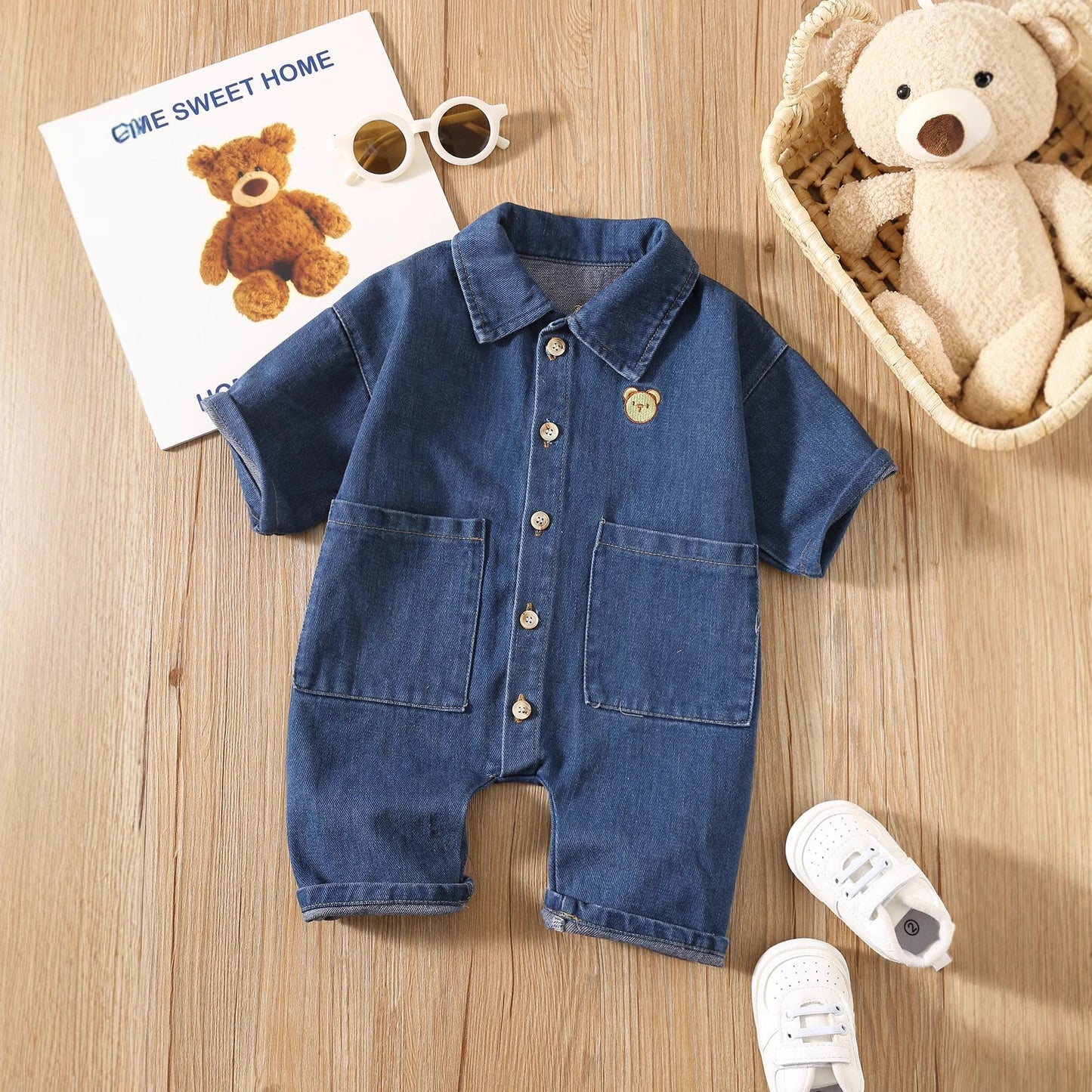 Autumn and Spring Arrival Baby Casual Pocketed Denim Rompers with Turn-down Collar, MyKids-USA®, Baby & Toddler Outfits, MyKids-USA - Size/Age - 66 (3-6M) - Color - Navy Blue (Dark Blue) -  -  - TR2509192319-B
