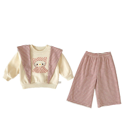 MyKids-USA® Autumn and Spring Baby Kids Girls Long Sleeves Cute Cartoon Pattern Pullover and Striped Pants Clothing Set