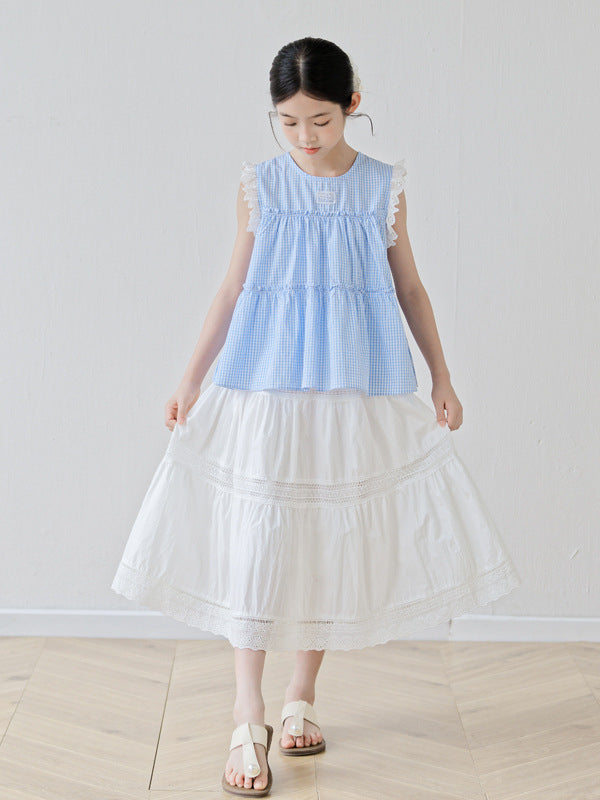 Arrival Summer Baby Kids Girls Sleeveless Plaid Vest and White Skirt