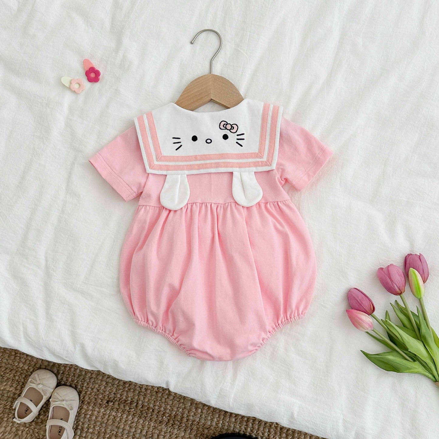 Summer Arrival Baby Girls Cute Preppy Short Sleeves Color Patchwork Onesies with Navy Collar, MyKids-USA®, Baby One-Pieces, MyKids-USA -  -  -  -  -  -  - 