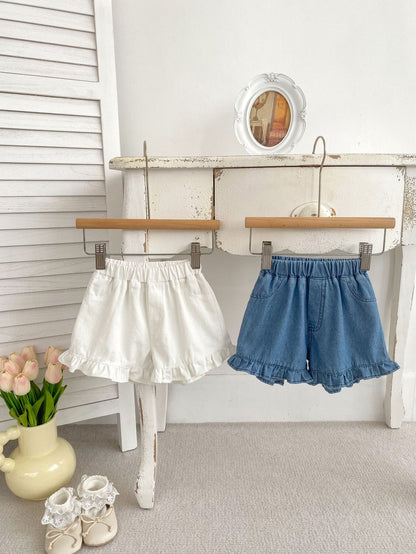 Summer Baby Girl Solid Color Ruffle Trim Denim Shorts